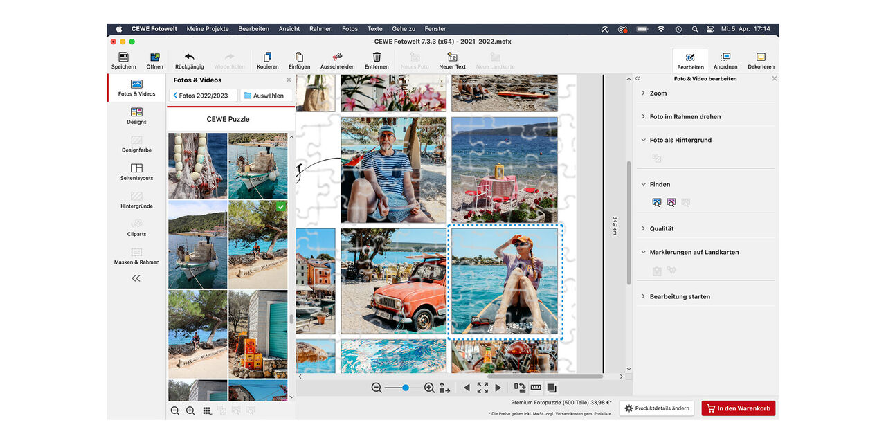 Screenshot aus der CEWE Fotowelt Software mit einer Detailansicht der Puzzlegestaltung.